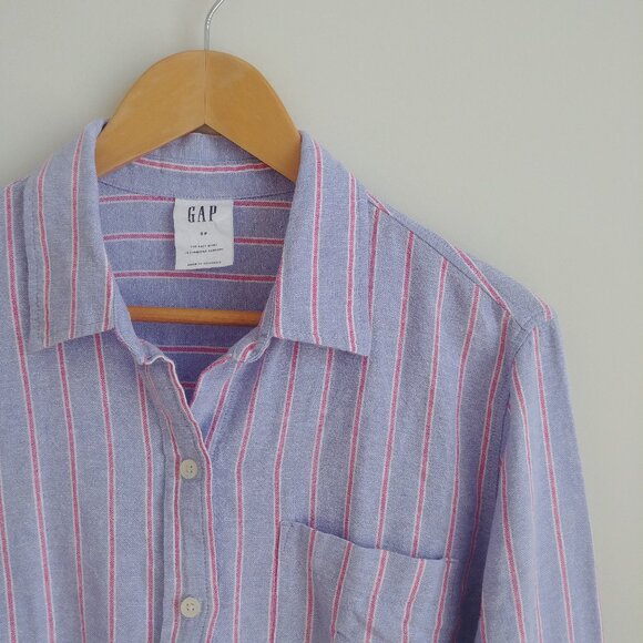 Gap Women linen blend Small The Easy Shirt blue striped button up blouse - Picture 1 of 14